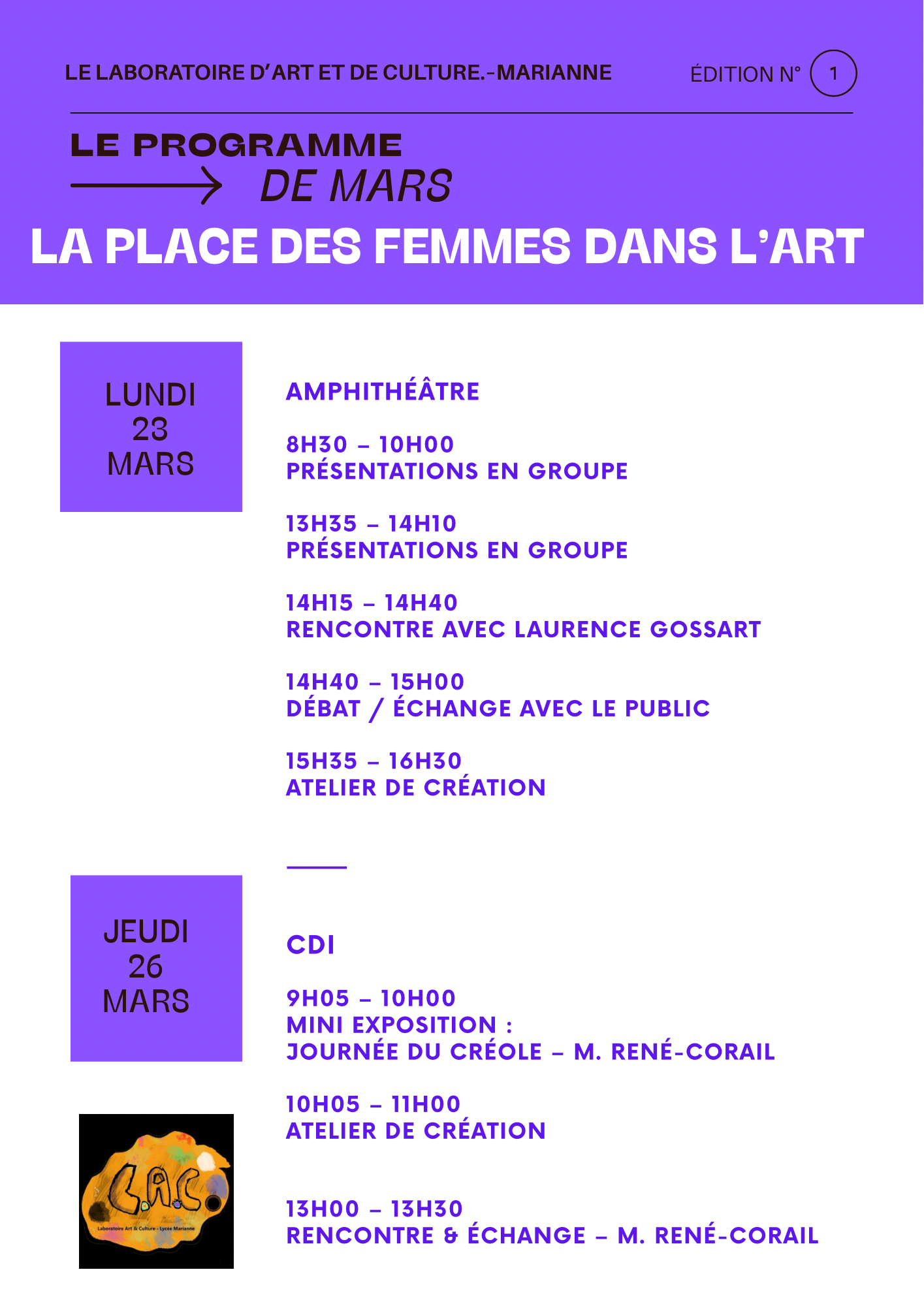 Programmation culturelle du LAC (Mars)